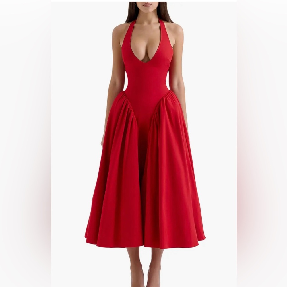 House of CB Red Marilyn Pleated Gown with Basque Waist